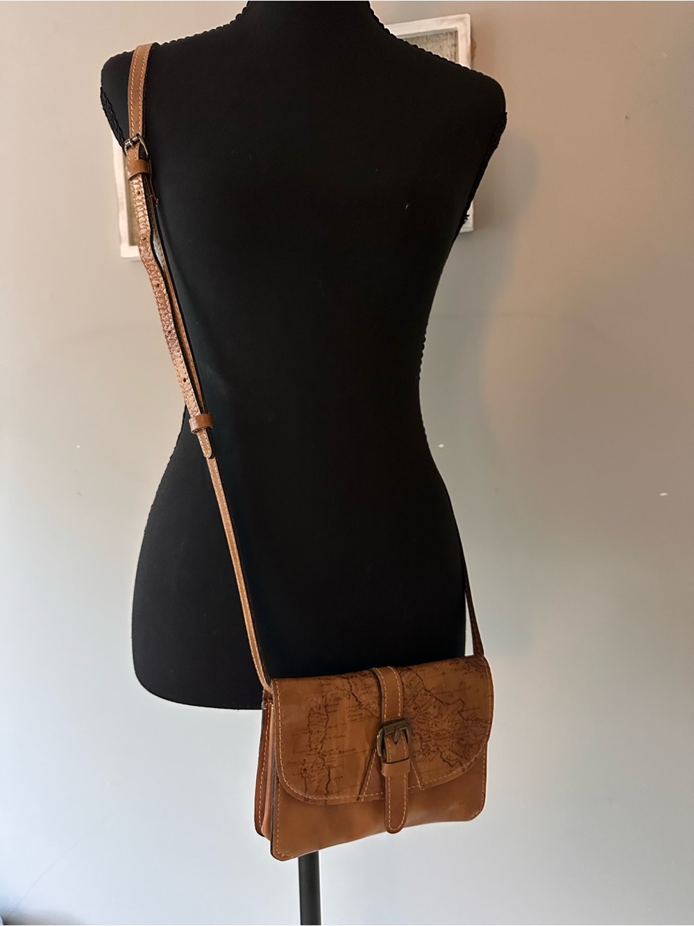 Patricia Nash Tan/Brown Leather Map-Print Crossbody